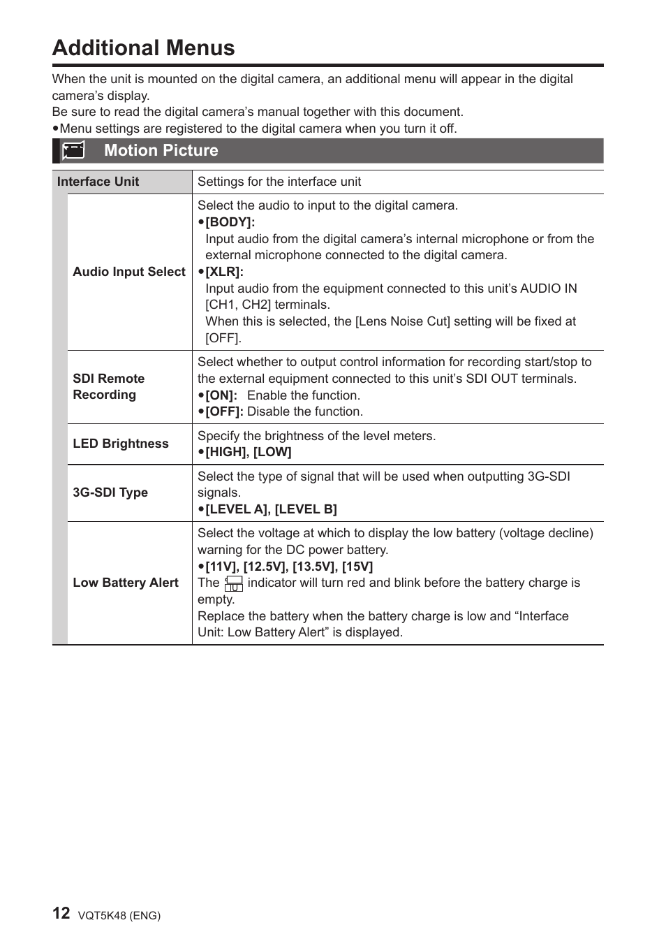 Additional menus, Motion picture | Panasonic DMW-YAGH User Manual | Page 12 / 18