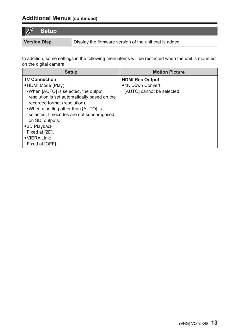 13 setup, Additional menus | Panasonic DMW-YAGH User Manual | Page 13 / 18