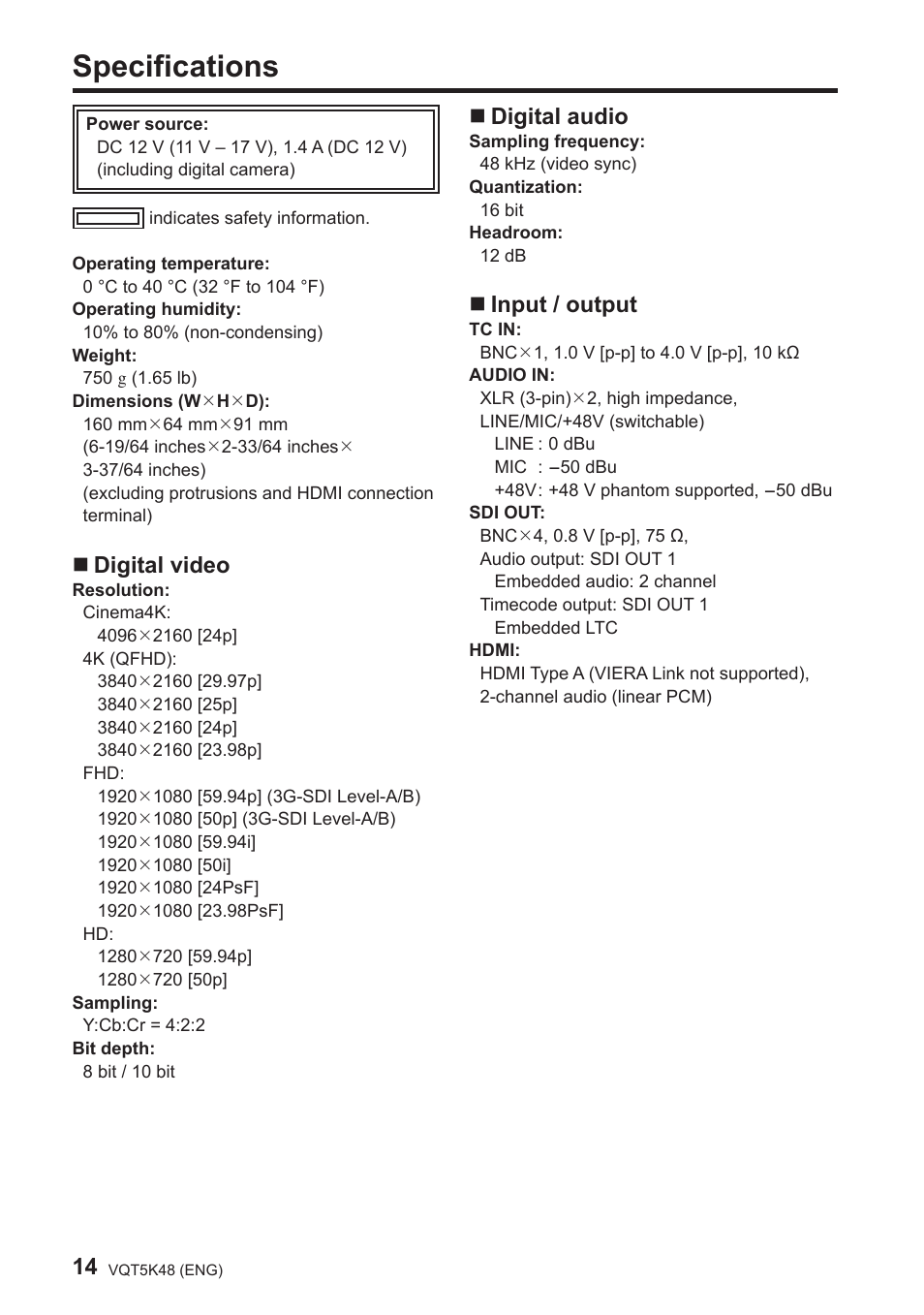 Specifications, Digital video, Digital audio | Input / output | Panasonic DMW-YAGH User Manual | Page 14 / 18