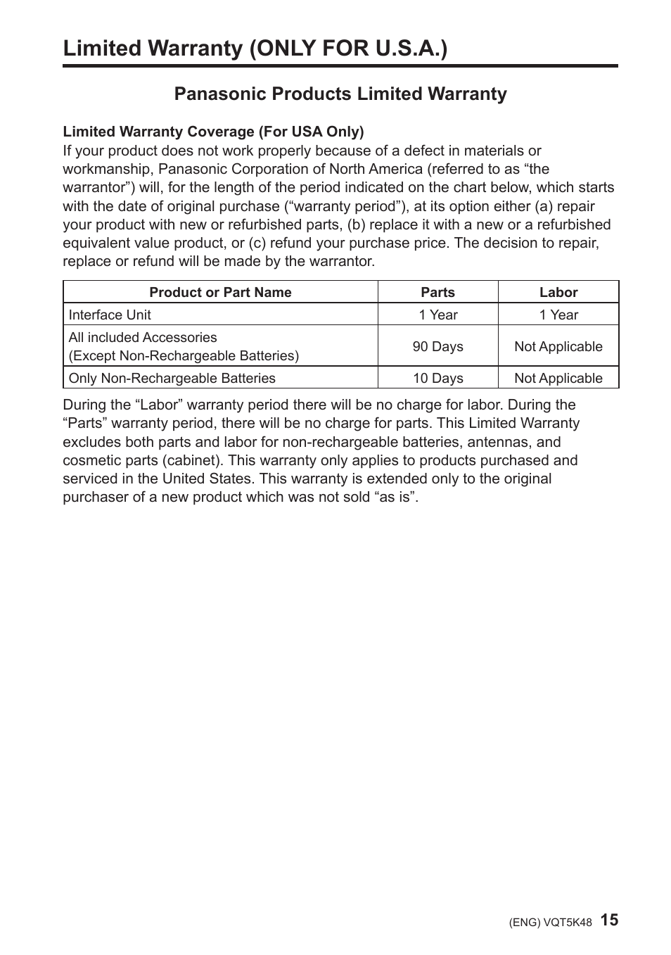 Limited warranty (only for u.s.a.), Panasonic products limited warranty | Panasonic DMW-YAGH User Manual | Page 15 / 18