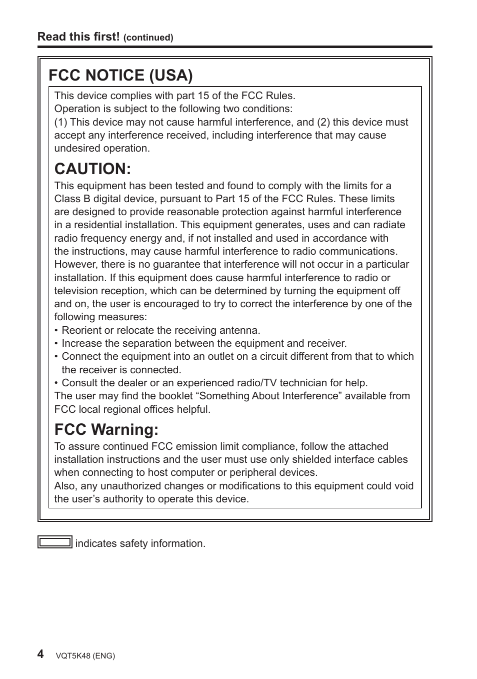 Fcc notice (usa), Caution, Fcc warning | Panasonic DMW-YAGH User Manual | Page 4 / 18