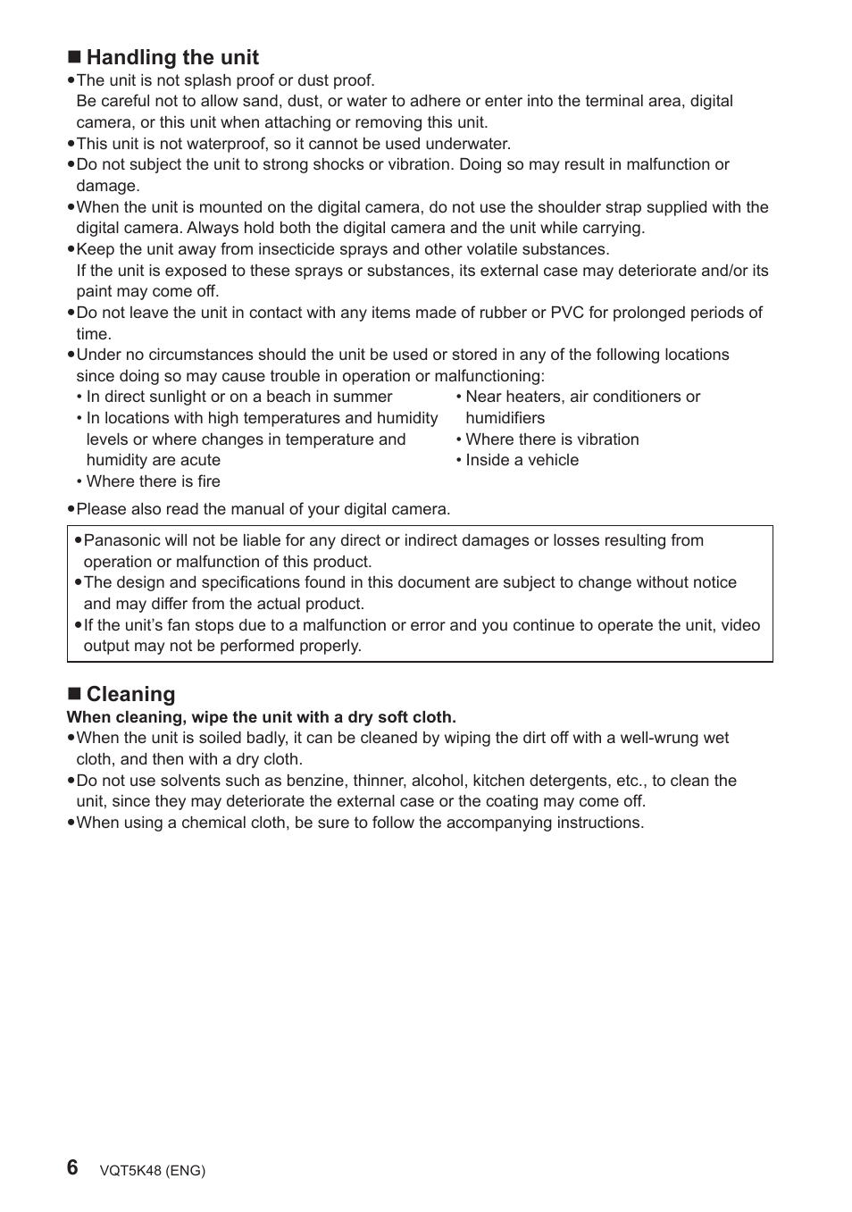 Handling the unit, Cleaning | Panasonic DMW-YAGH User Manual | Page 6 / 18