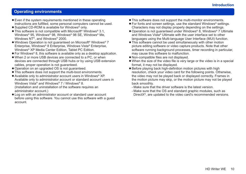 Operating environments | Panasonic HX-A100D User Manual | Page 10 / 128