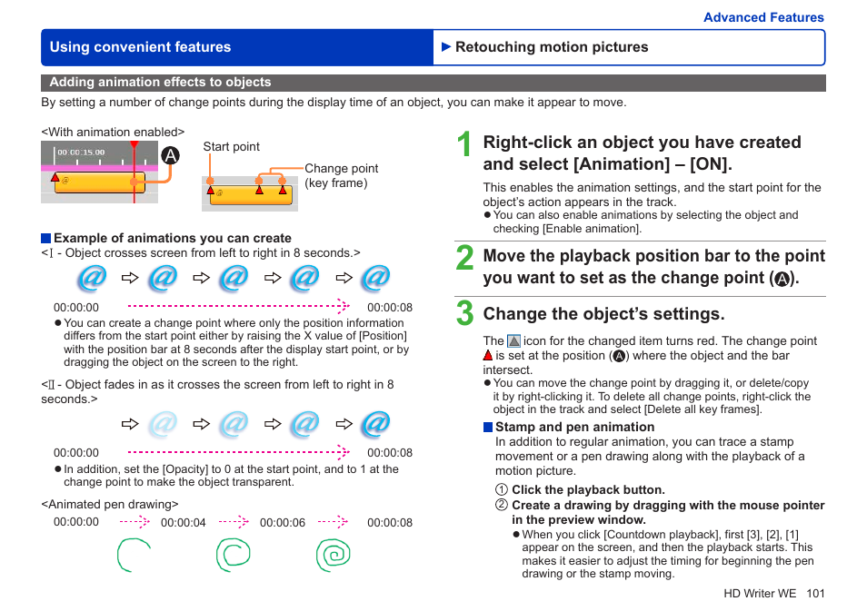 Adding animation effects to objects, Change the object’s settings | Panasonic HX-A100D User Manual | Page 101 / 128