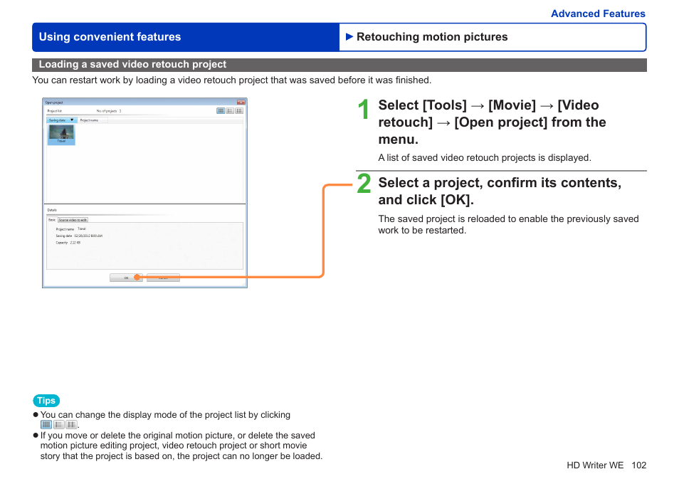 Loading a saved video retouch project | Panasonic HX-A100D User Manual | Page 102 / 128