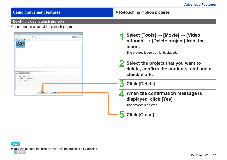 Deleting video retouch projects | Panasonic HX-A100D User Manual | Page 103 / 128