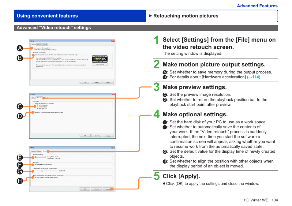 Advanced “video retouch” settings | Panasonic HX-A100D User Manual | Page 104 / 128