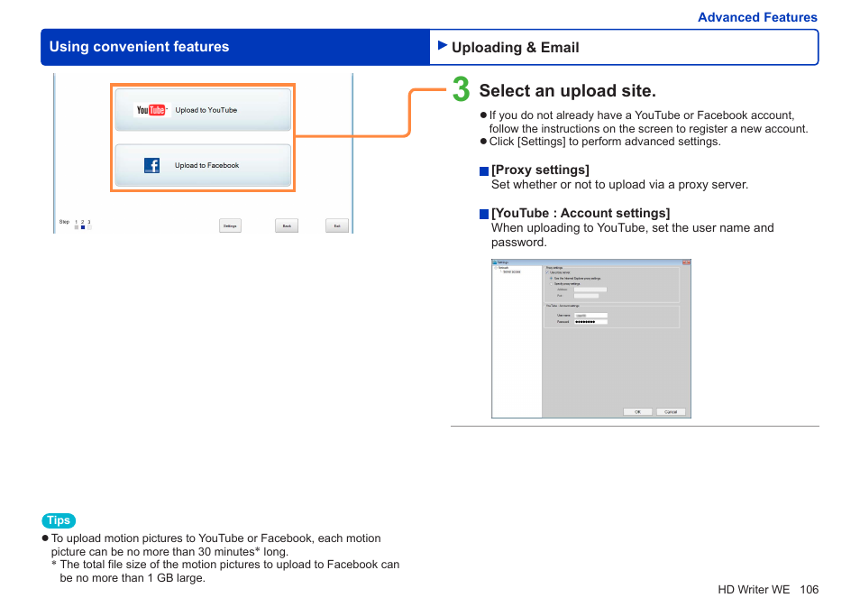 Select an upload site | Panasonic HX-A100D User Manual | Page 106 / 128