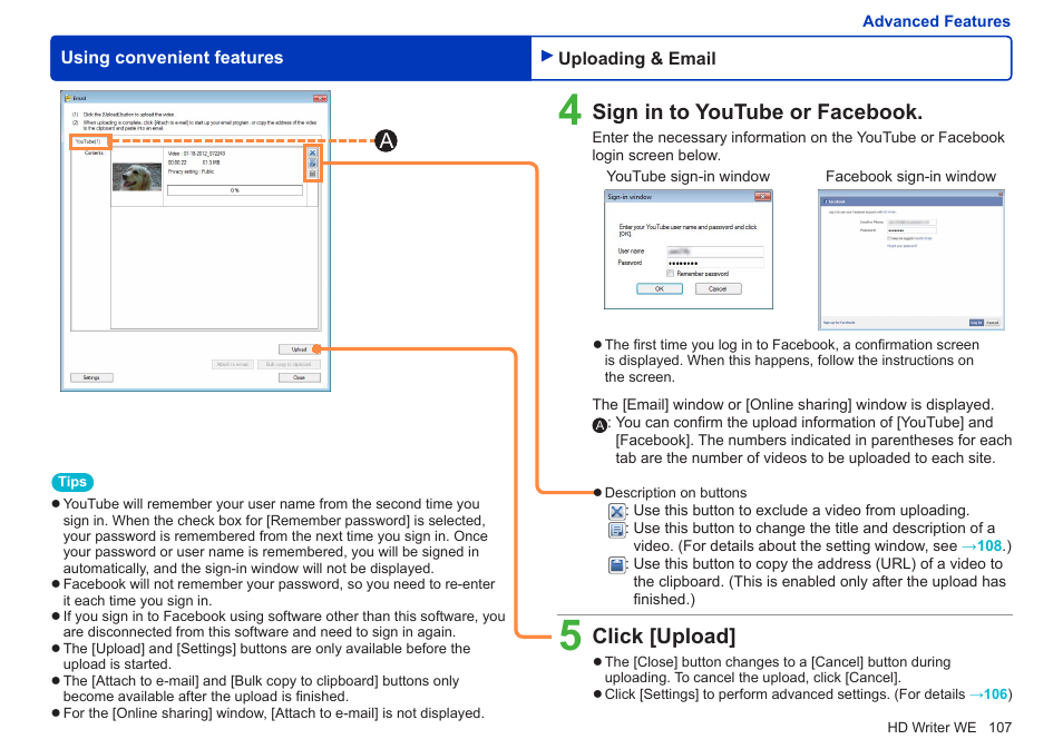 Sign in to youtube or facebook, Click [upload | Panasonic HX-A100D User Manual | Page 107 / 128