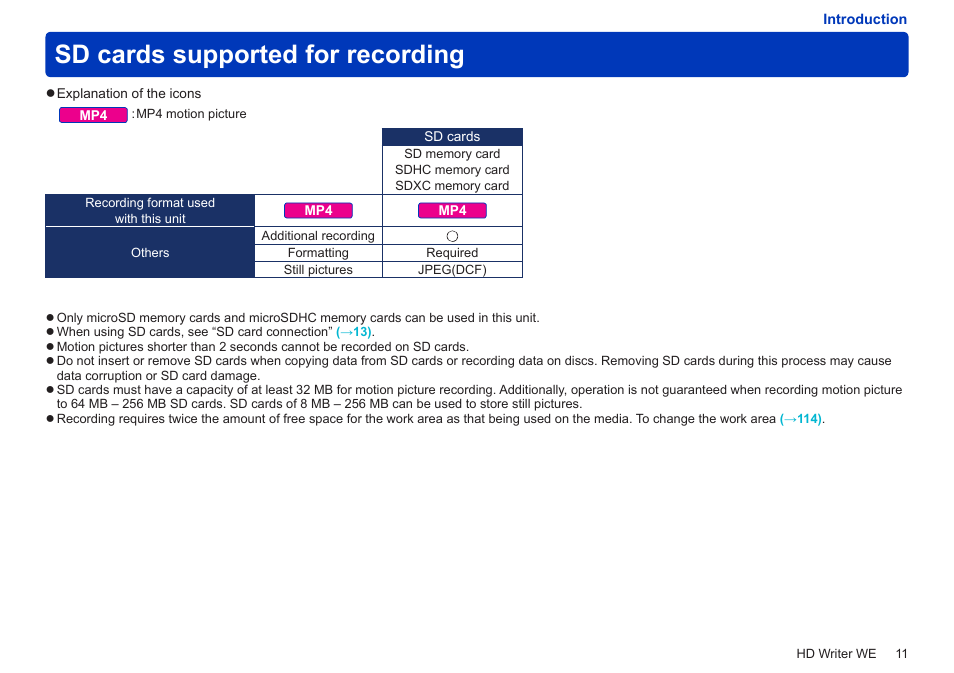 Sd cards supported for recording | Panasonic HX-A100D User Manual | Page 11 / 128