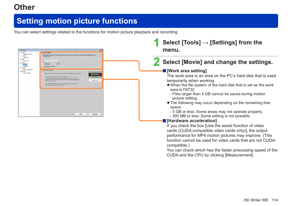 Other, Setting motion picture functions, Other setting motion picture functions | Panasonic HX-A100D User Manual | Page 114 / 128