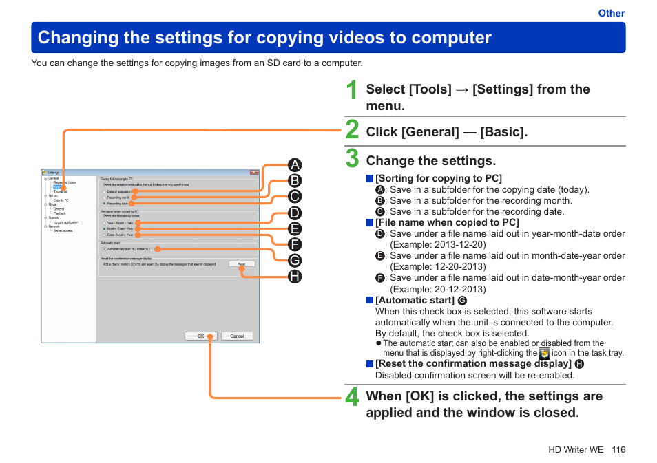 Changing the settings for copying videos to, Computer | Panasonic HX-A100D User Manual | Page 116 / 128