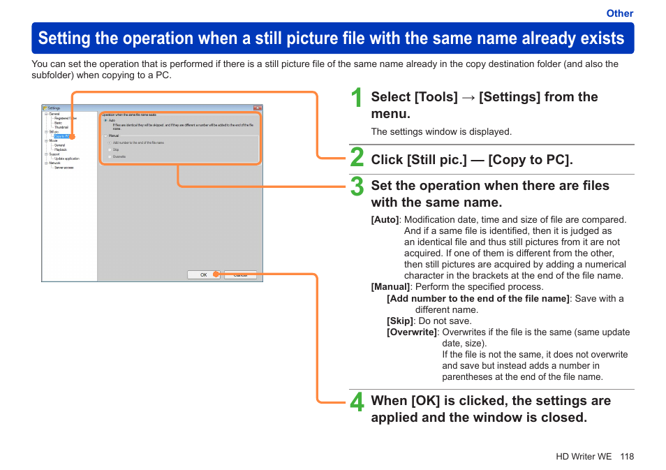 Setting the operation when a still picture file, With the same name already exists | Panasonic HX-A100D User Manual | Page 118 / 128