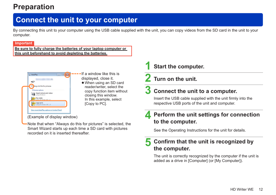 Preparation, Connect the unit to your computer, Preparation connect the unit to your computer | Panasonic HX-A100D User Manual | Page 12 / 128