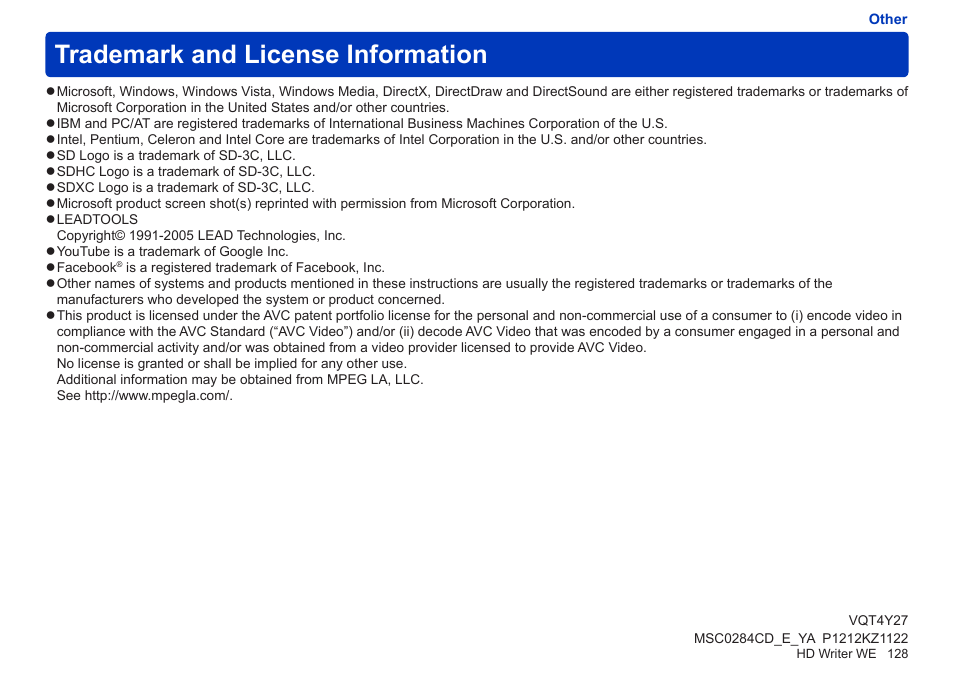 Trademark and license information | Panasonic HX-A100D User Manual | Page 128 / 128