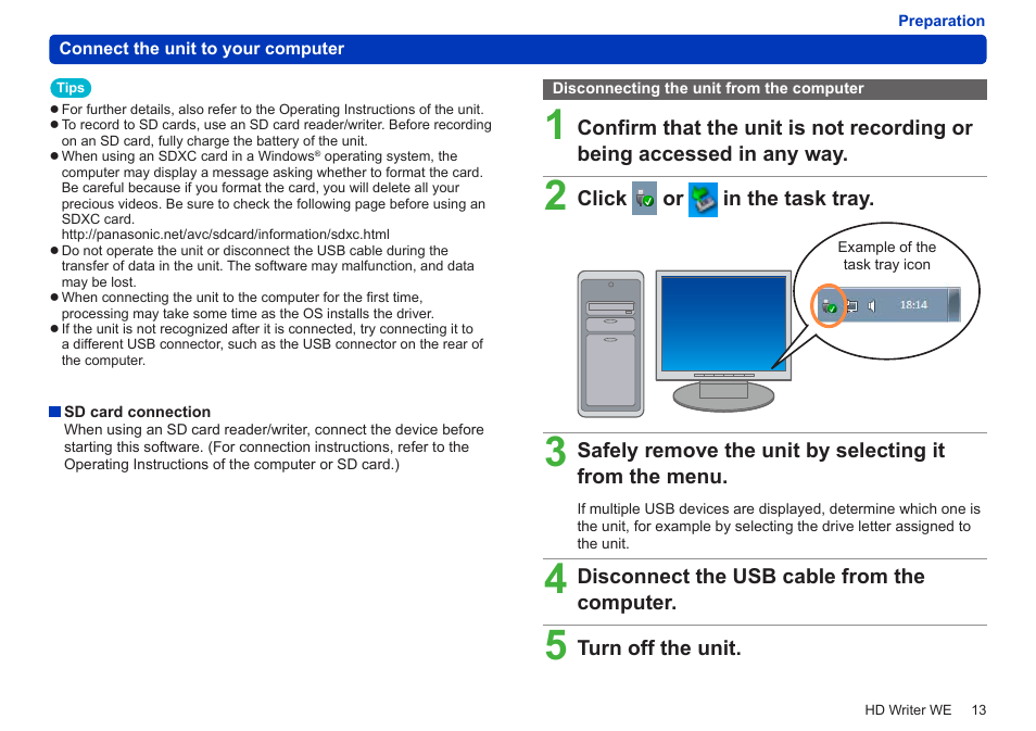 Disconnecting the unit from the computer | Panasonic HX-A100D User Manual | Page 13 / 128