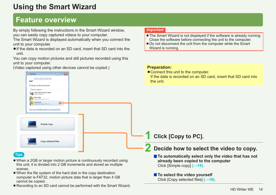 Using the smart wizard, Feature overview, Using the smart wizard feature overview | Click [copy to pc, Decide how to select the video to copy | Panasonic HX-A100D User Manual | Page 14 / 128