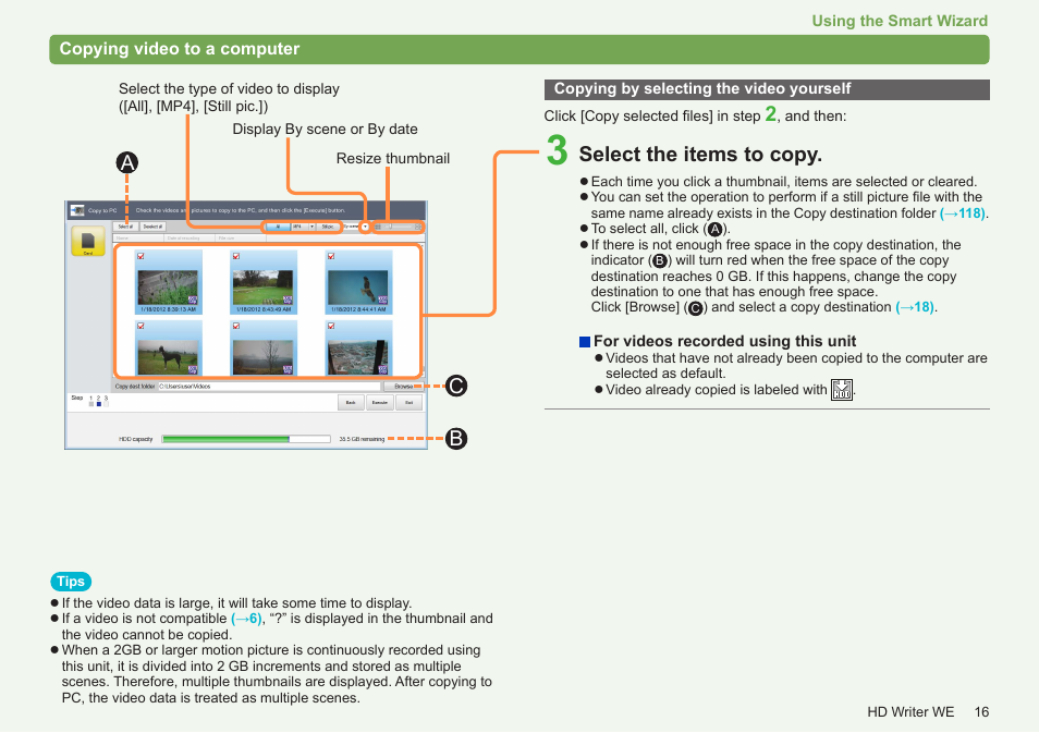 Copying by selecting the video yourself, Select the items to copy, Cb a | Panasonic HX-A100D User Manual | Page 16 / 128