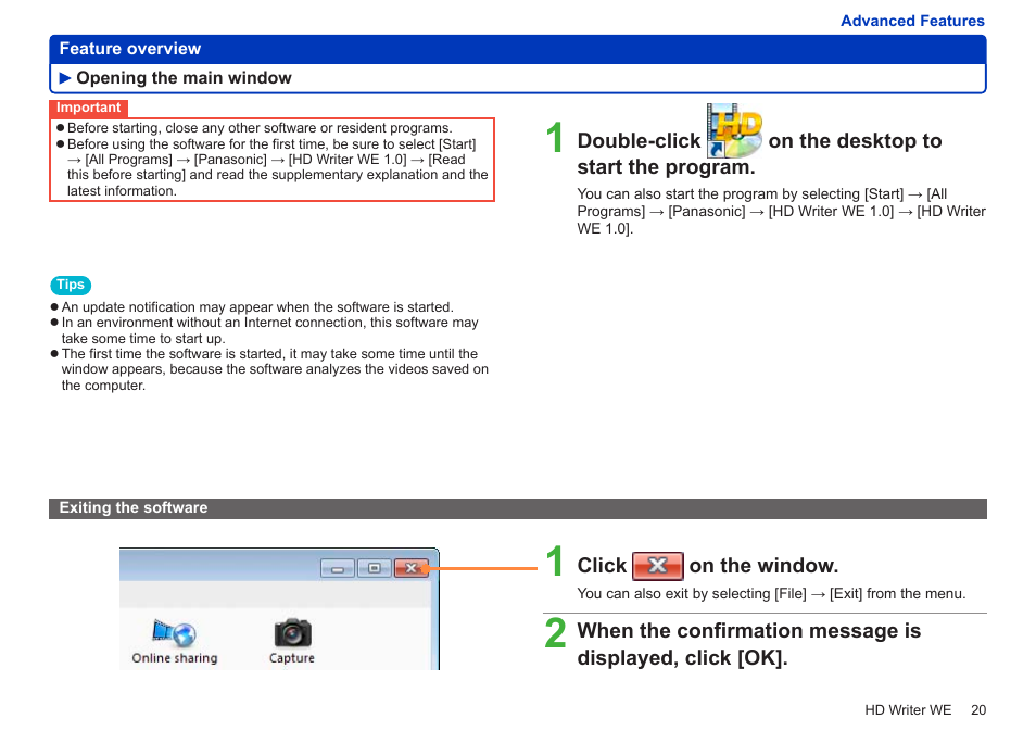 Opening the main window, Exiting the software | Panasonic HX-A100D User Manual | Page 20 / 128
