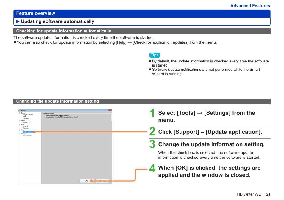 Updating software automatically, Checking for update information automatically, Changing the update information setting | Panasonic HX-A100D User Manual | Page 21 / 128