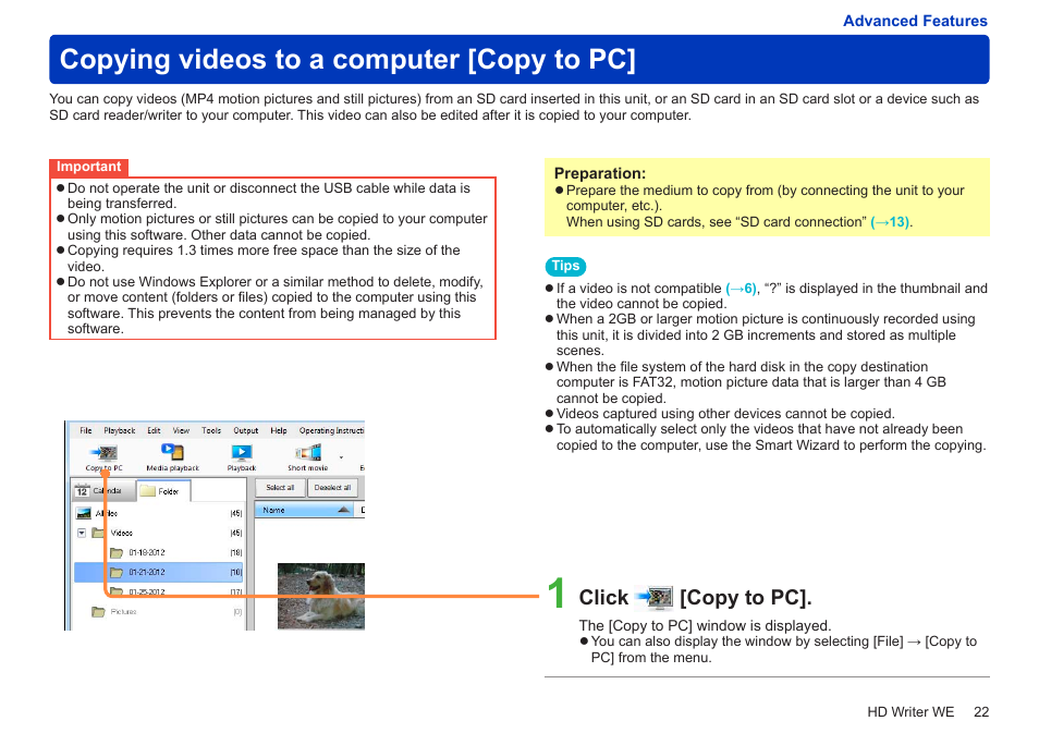 Copying videos to a computer [copy to pc, Click [copy to pc | Panasonic HX-A100D User Manual | Page 22 / 128