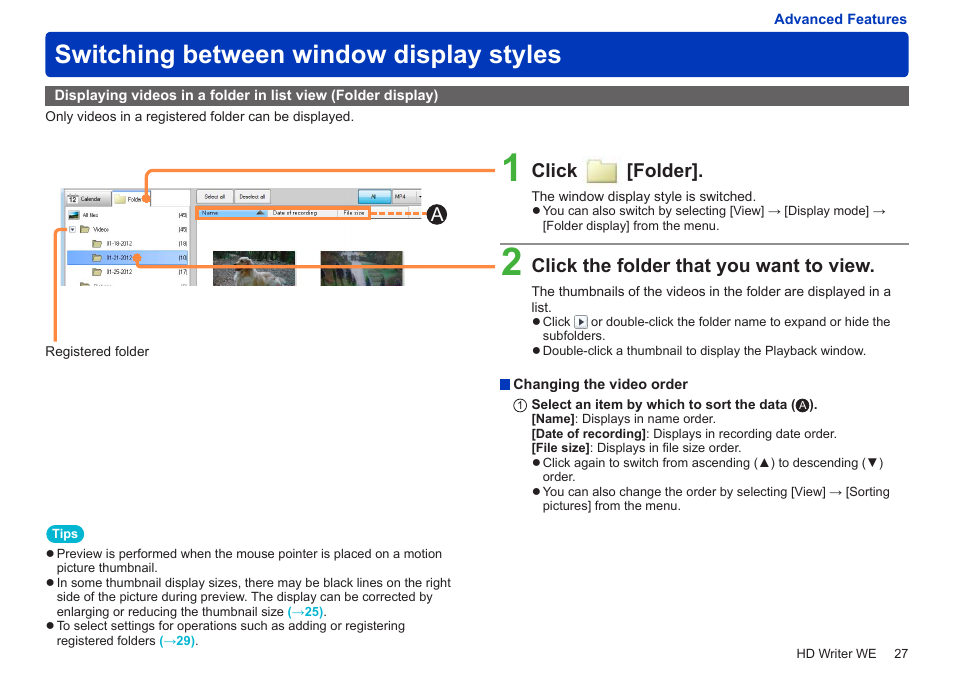 Switching between window display styles, Click [folder, Click the folder that you want to view | Panasonic HX-A100D User Manual | Page 27 / 128
