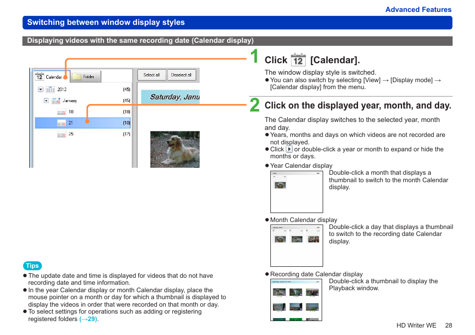 Displaying videos with the same recording date, Calendar display), Click [calendar | Click on the displayed year, month, and day | Panasonic HX-A100D User Manual | Page 28 / 128