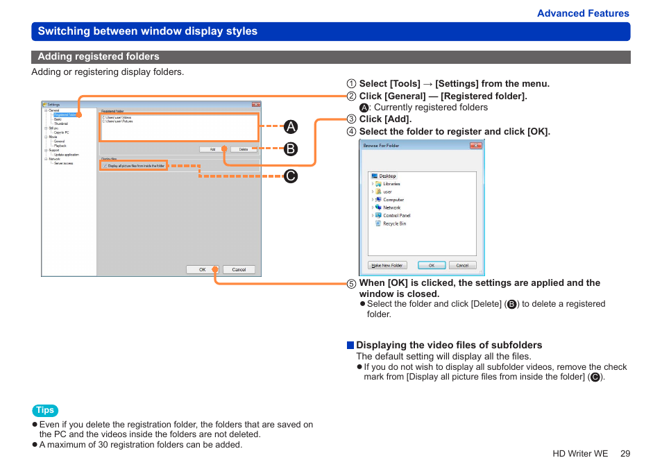 Adding registered folders, Ab c | Panasonic HX-A100D User Manual | Page 29 / 128