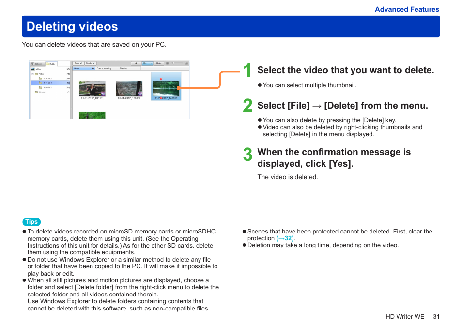 Deleting videos | Panasonic HX-A100D User Manual | Page 31 / 128