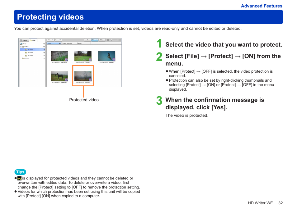 Protecting videos | Panasonic HX-A100D User Manual | Page 32 / 128