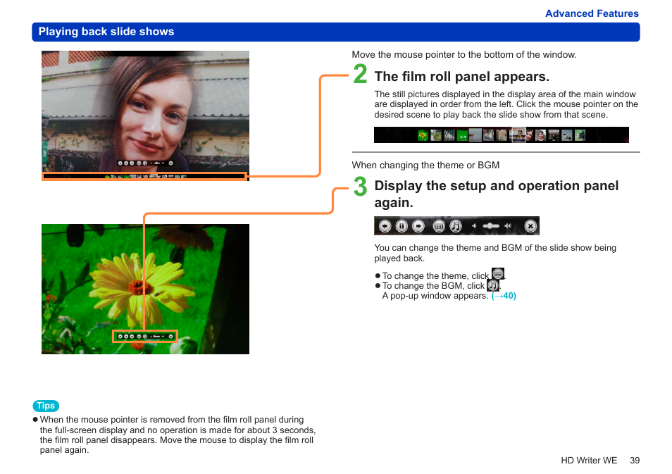 The film roll panel appears, Display the setup and operation panel again | Panasonic HX-A100D User Manual | Page 39 / 128