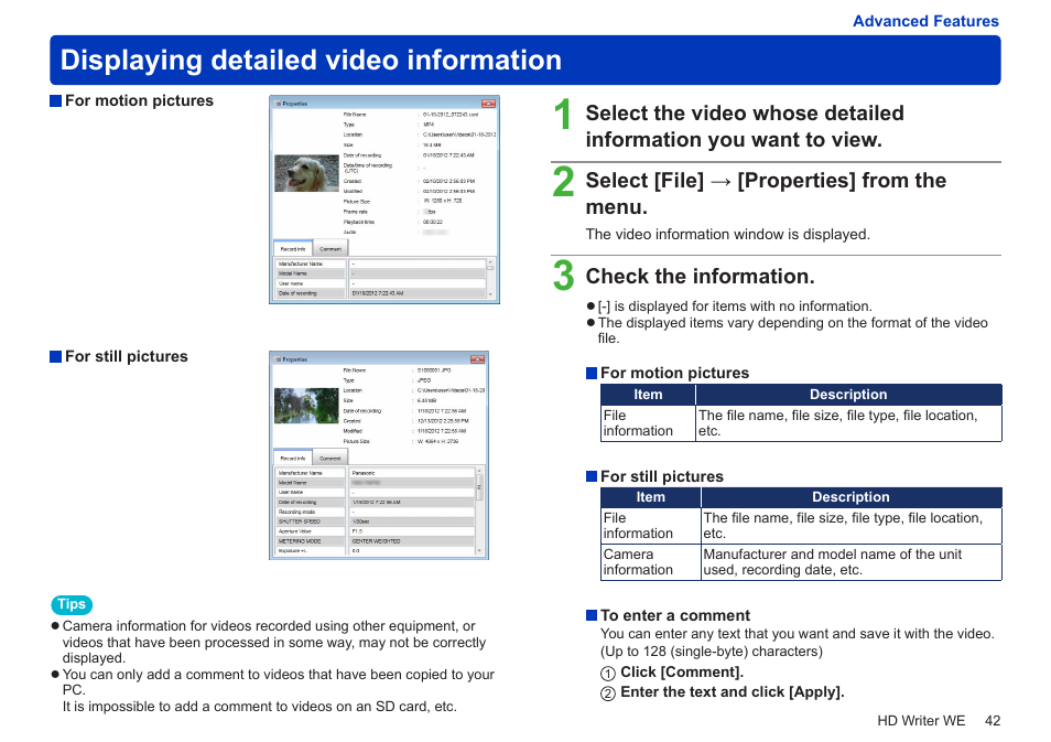 Displaying detailed video information, Select [file] → [properties] from the menu, Check the information | Panasonic HX-A100D User Manual | Page 42 / 128
