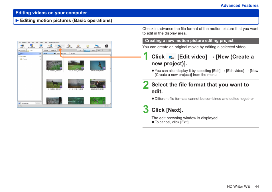 Editing motion pictures (basic operations), Creating a new motion picture editing project, Editing motion pictures | Basic operations) | Panasonic HX-A100D User Manual | Page 44 / 128