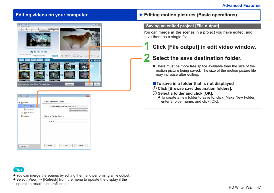 Saving an edited project [file output, Click [file output] in edit video window, Select the save destination folder | Panasonic HX-A100D User Manual | Page 47 / 128