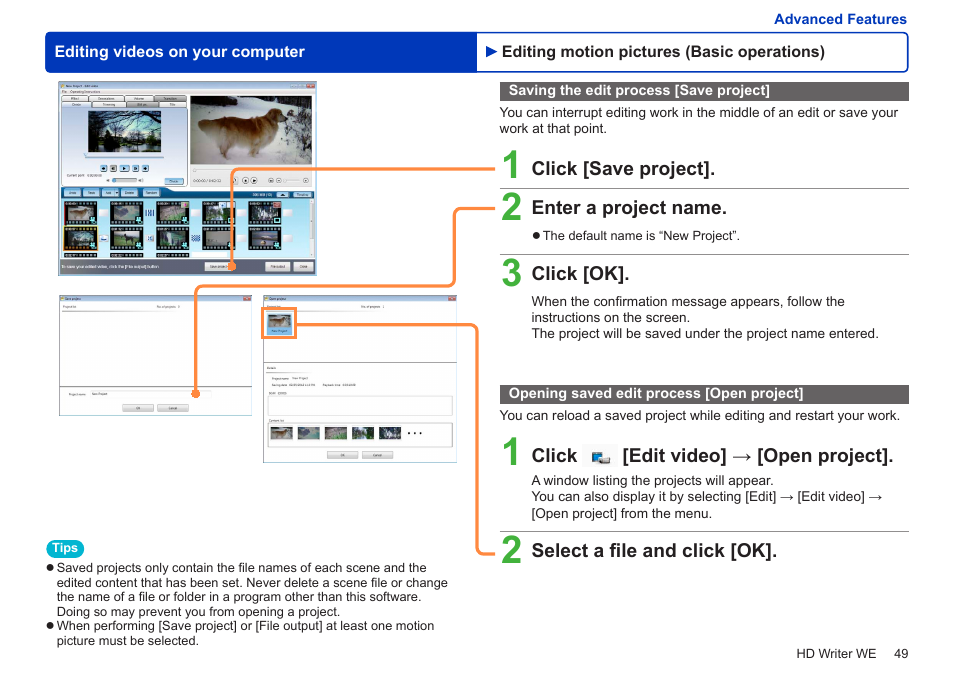 Saving the edit process [save project, Opening saved edit process [open project | Panasonic HX-A100D User Manual | Page 49 / 128