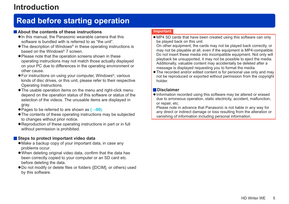 Introduction, Read before starting operation | Panasonic HX-A100D User Manual | Page 5 / 128
