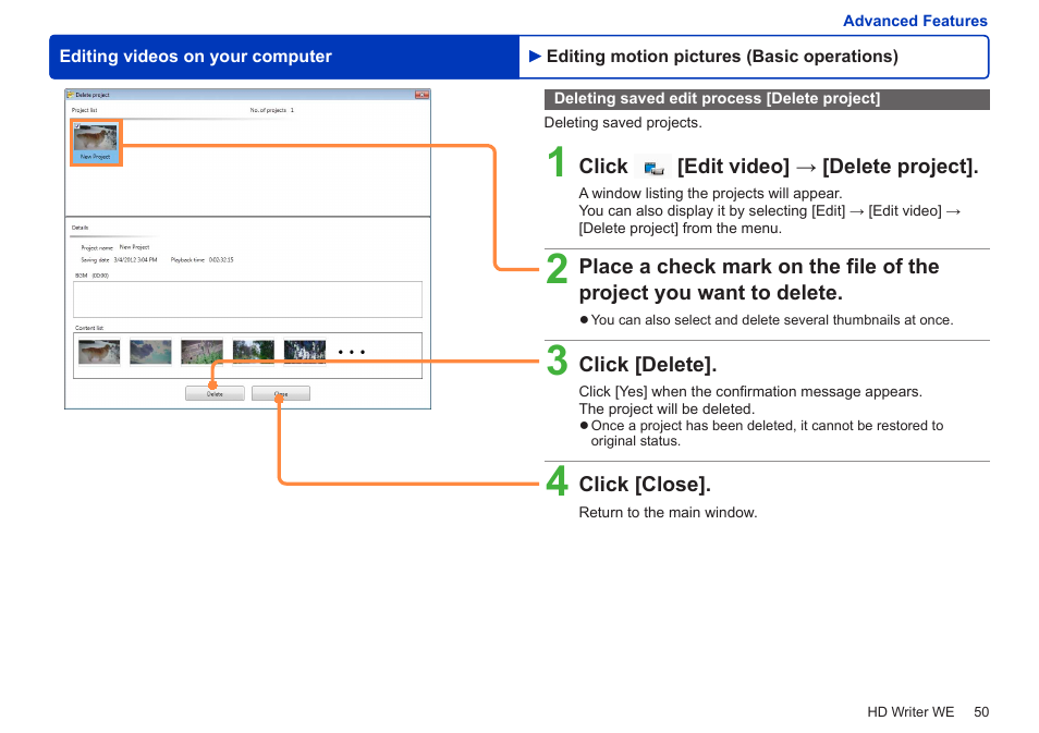 Deleting saved edit process [delete project | Panasonic HX-A100D User Manual | Page 50 / 128
