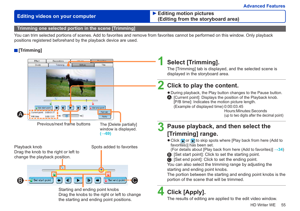 Select [trimming, Click to play the content, Click [apply | Panasonic HX-A100D User Manual | Page 55 / 128