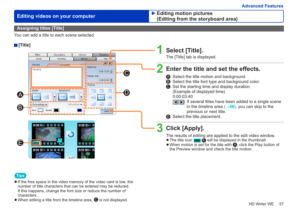 Assigning titles [title, Select [title, Enter the title and set the effects | Click [apply, Ab c d | Panasonic HX-A100D User Manual | Page 57 / 128