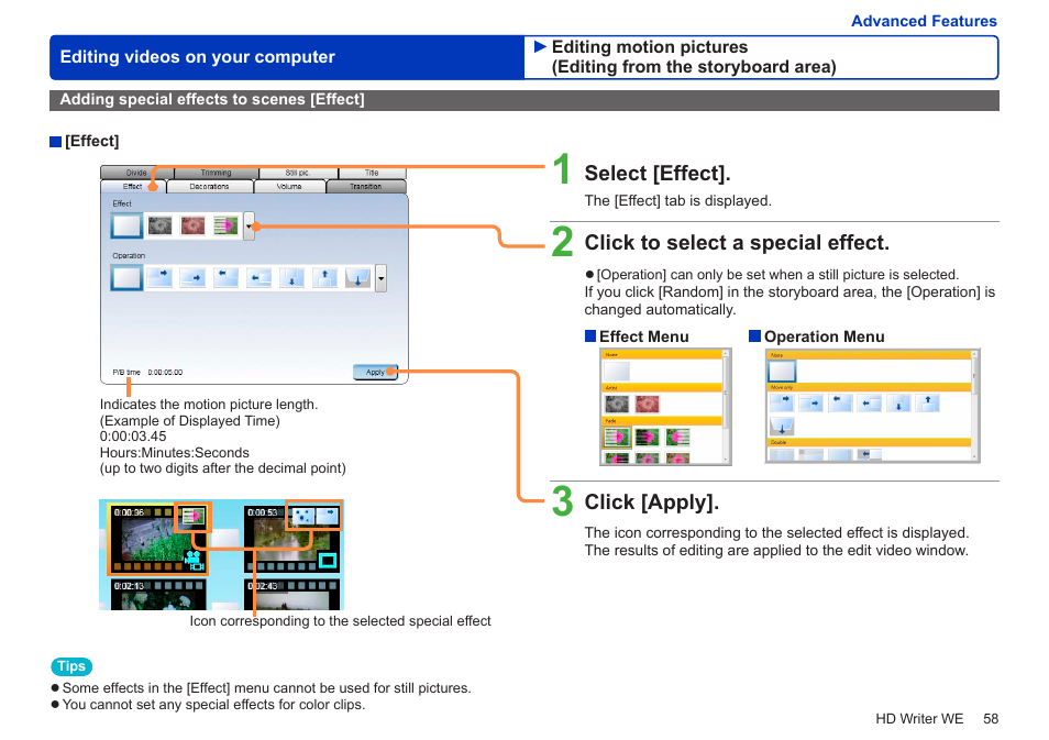 Adding special effects to scenes [effect | Panasonic HX-A100D User Manual | Page 58 / 128