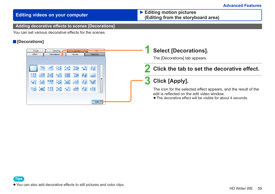 Adding decorative effects to scenes [decorations | Panasonic HX-A100D User Manual | Page 59 / 128