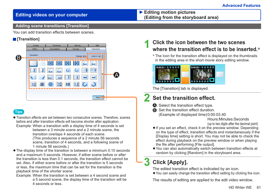 Adding scene transitions [transition, Set the transition effect, Click [apply | Panasonic HX-A100D User Manual | Page 61 / 128