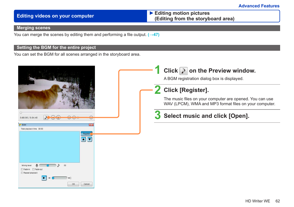 Merging scenes, Setting the bgm for the entire project | Panasonic HX-A100D User Manual | Page 62 / 128