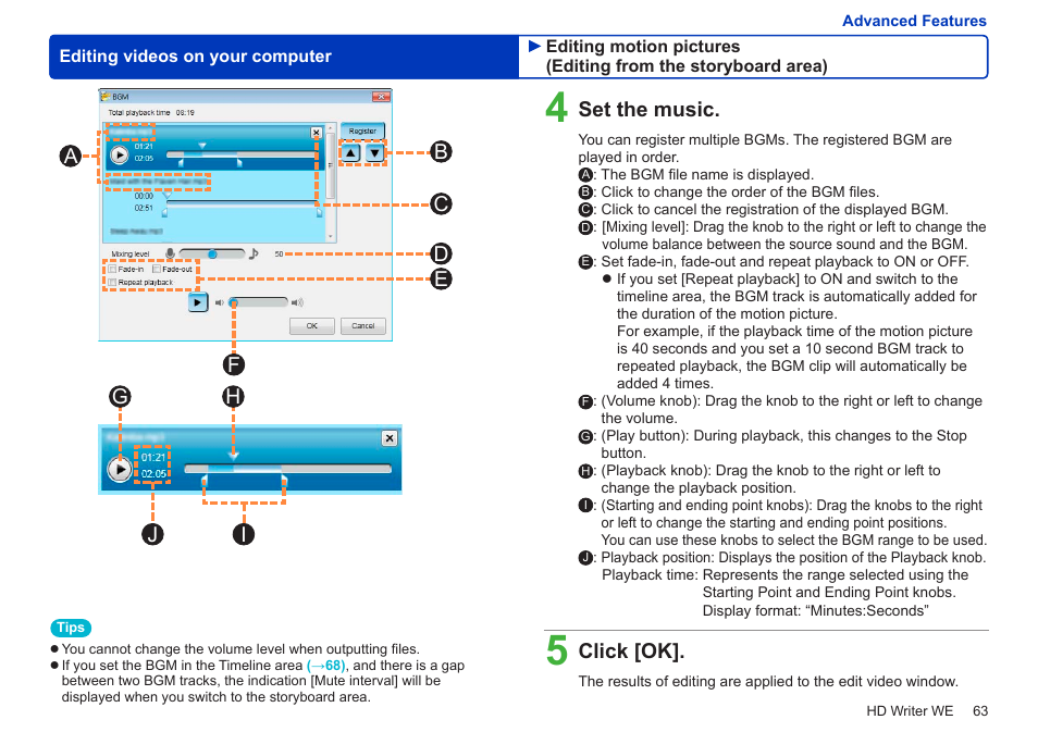 Set the music, Click [ok | Panasonic HX-A100D User Manual | Page 63 / 128