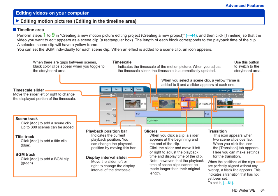 Editing motion pictures, Editing in the timeline area), 64 to 68 | Panasonic HX-A100D User Manual | Page 64 / 128