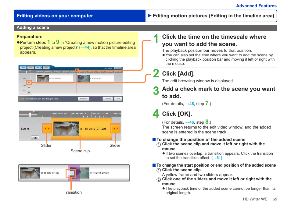 Adding a scene, Click [add, Add a check mark to the scene you want to add | Click [ok | Panasonic HX-A100D User Manual | Page 65 / 128