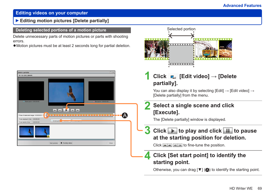 Editing motion pictures [delete partially, Deleting selected portions of a motion picture, Editing motion pictures | Delete partially | Panasonic HX-A100D User Manual | Page 69 / 128