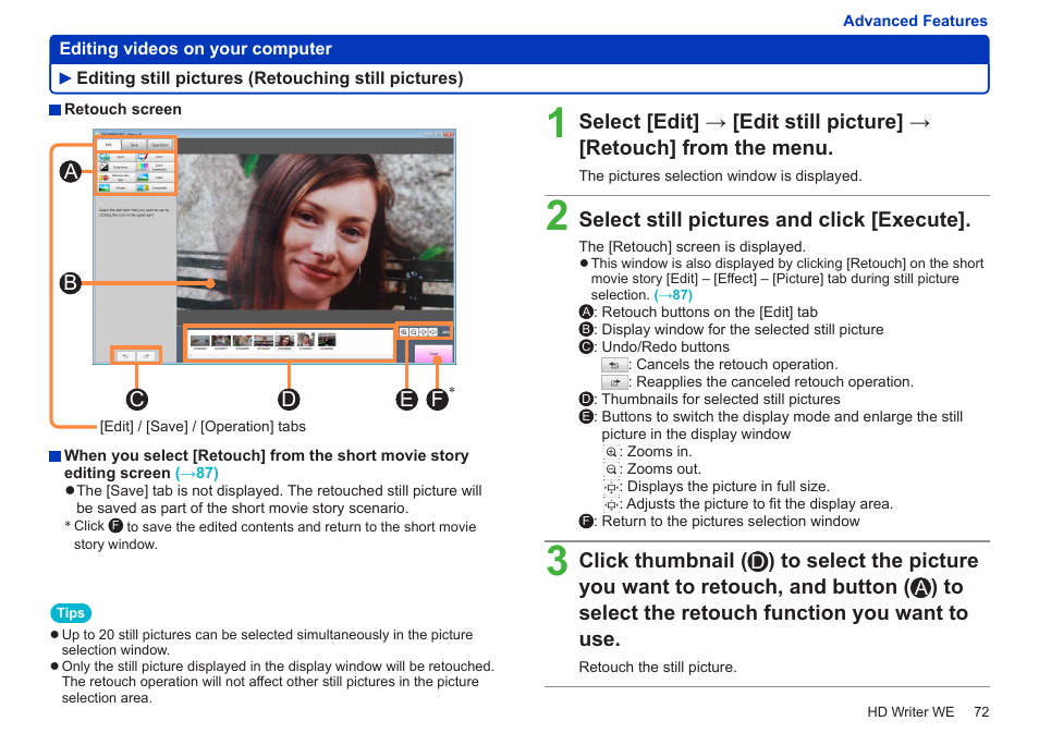 Editing still pictures (retouching still pictures), Editing still pictures, Retouching still pictures) | Select still pictures and click [execute, Click thumbnail | Panasonic HX-A100D User Manual | Page 72 / 128