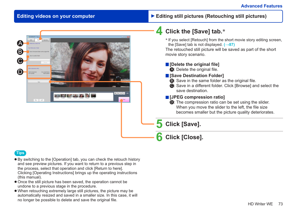 Click the [save] tab, Click [save, Click [close]. b c a d | Panasonic HX-A100D User Manual | Page 73 / 128