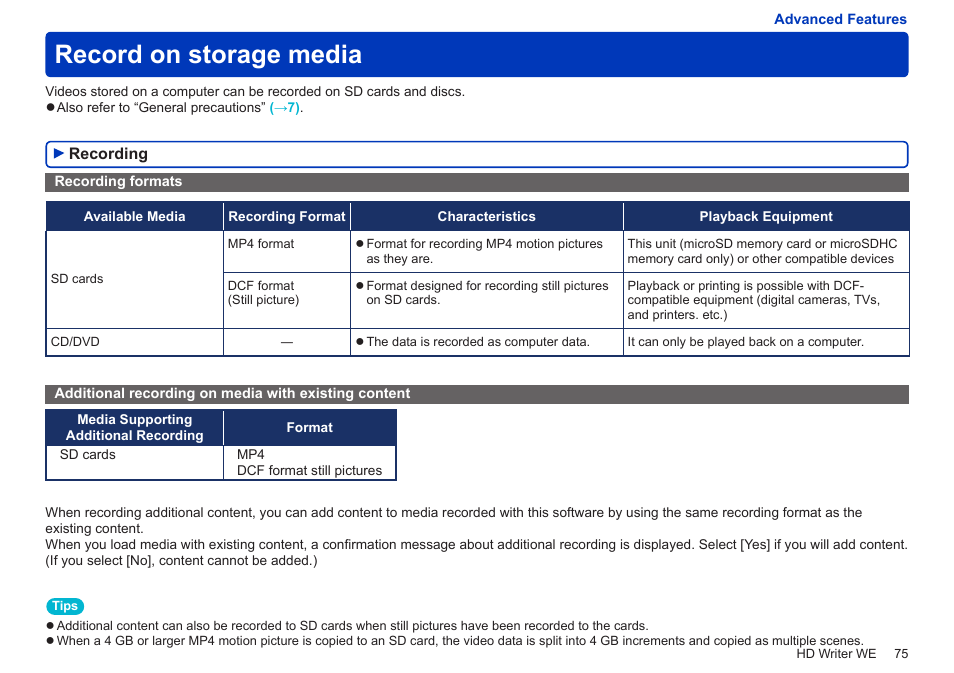 Record on storage media, Recording, Recording formats | Panasonic HX-A100D User Manual | Page 75 / 128